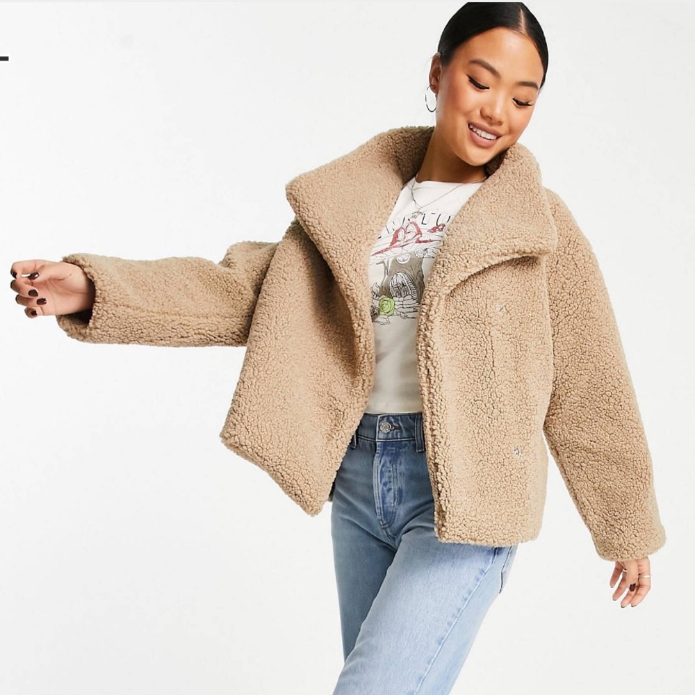 ASOS DESIGN Petite waterfall fleece jacket in camel